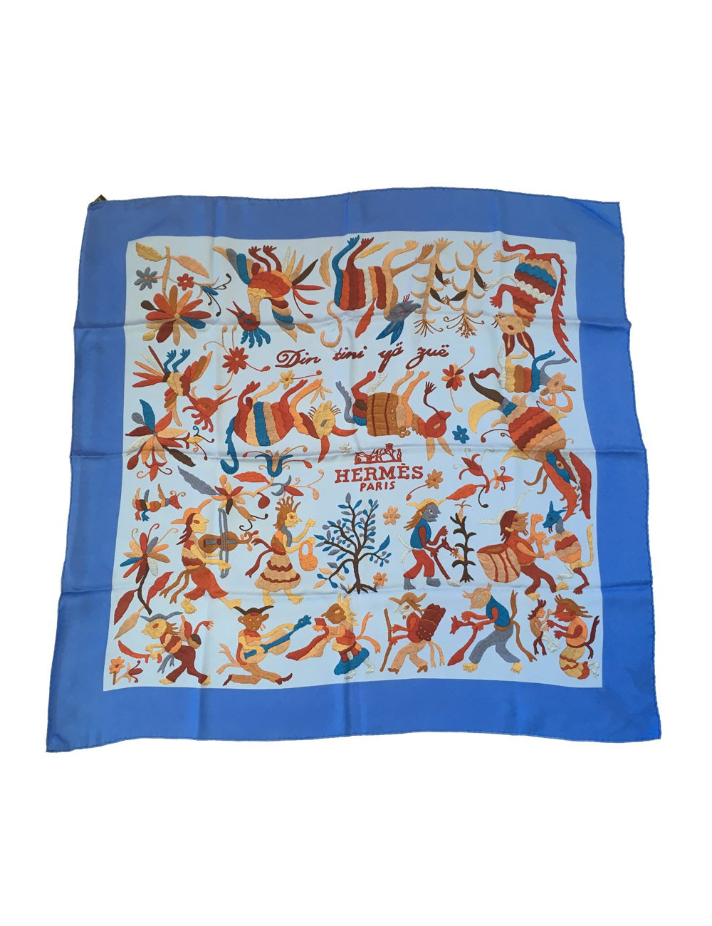 xxx Carré HERMES "Din tini ya sue" en soie bleue