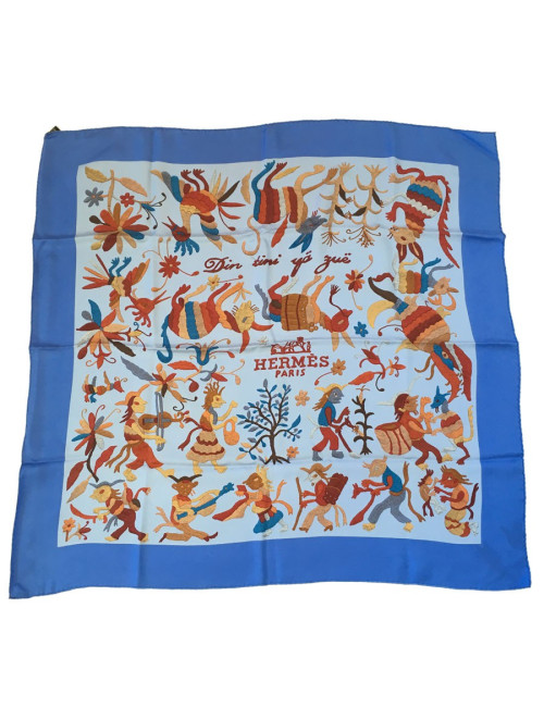 HERMES "Din tini ya sue" blue silk square scarf