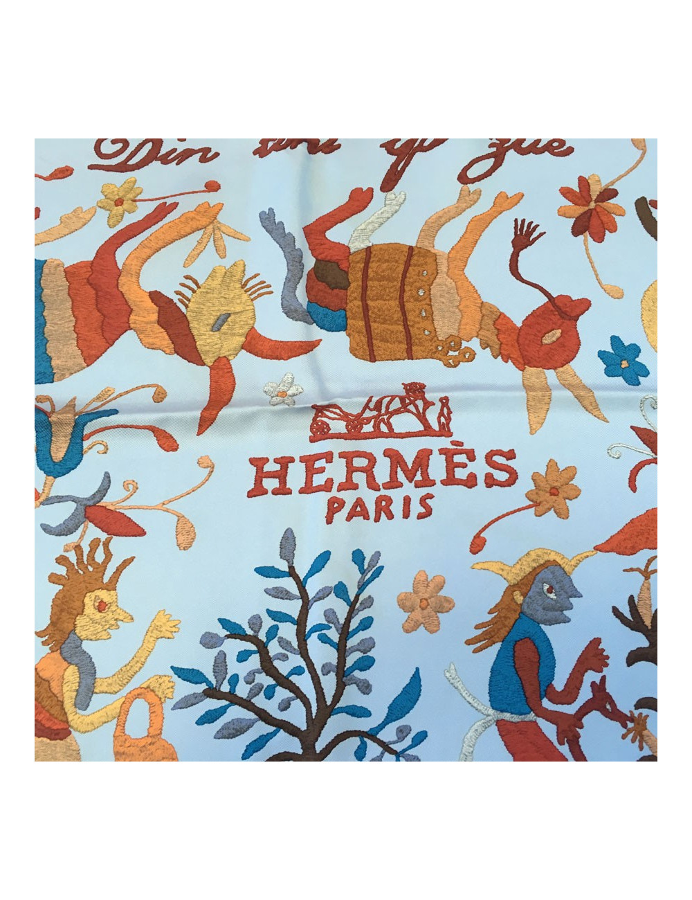 HERMES "Din tini ya sue" blue silk square scarf
