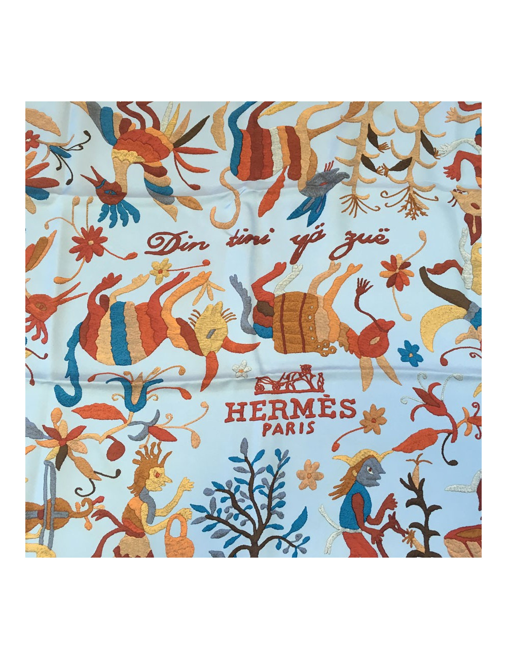 HERMES "Din tini ya sue" blue silk square scarf