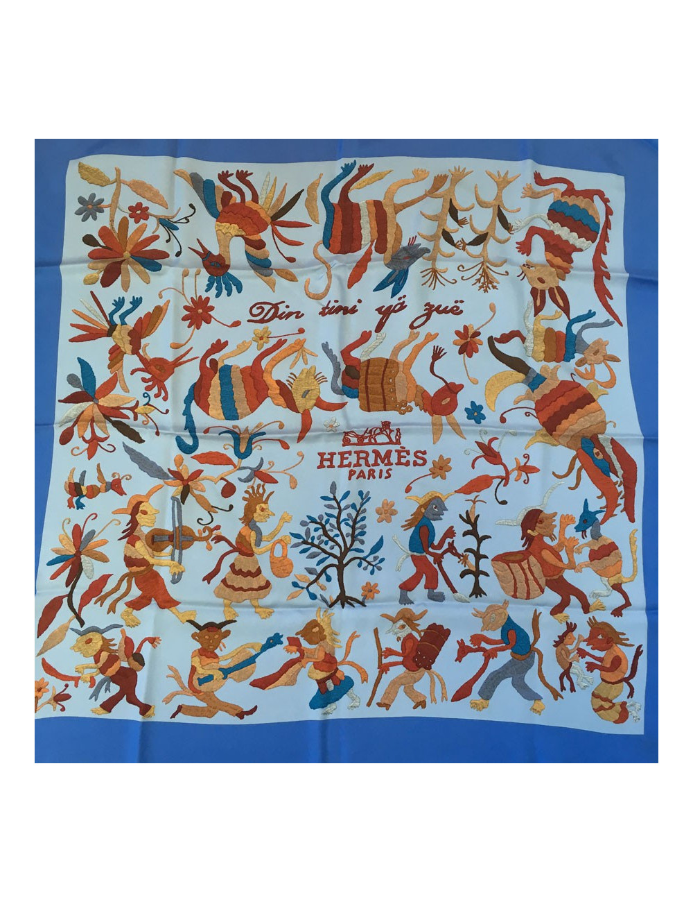 HERMES "Din tini ya sue" blue silk square scarf