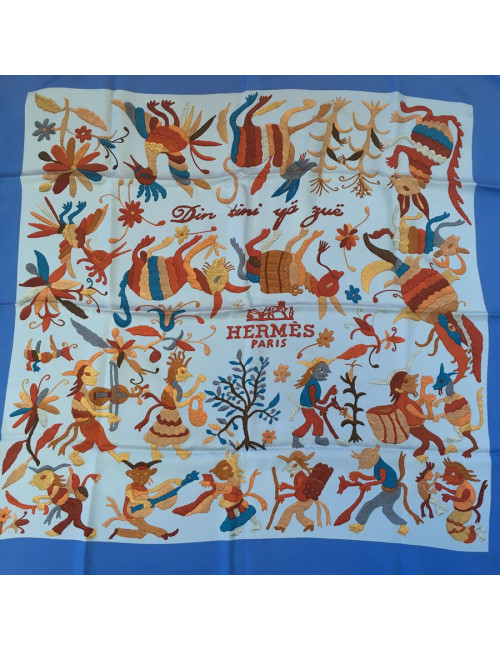 HERMES "Din tini ya sue" blue silk square scarf