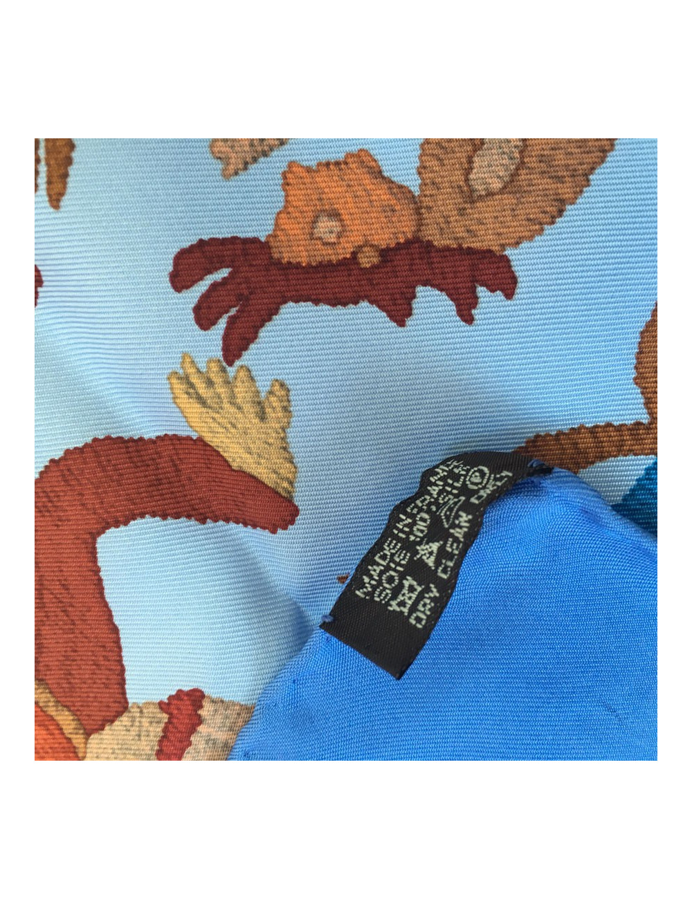 HERMES "Din tini ya sue" blue silk square scarf