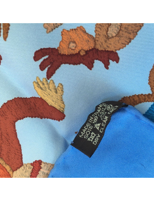 HERMES "Din tini ya sue" blue silk square scarf