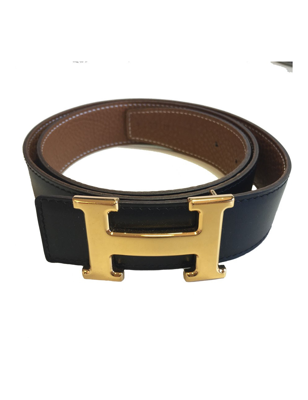 Ceinture HERMES T 85 réversible en cuir box noir et cuir togo gold