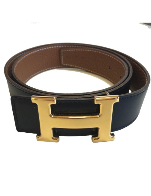 Ceinture HERMES T 85 réversible en cuir box noir et cuir togo gold