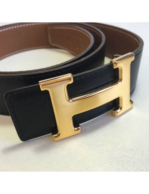 Ceinture HERMES T 85 réversible en cuir box noir et cuir togo gold