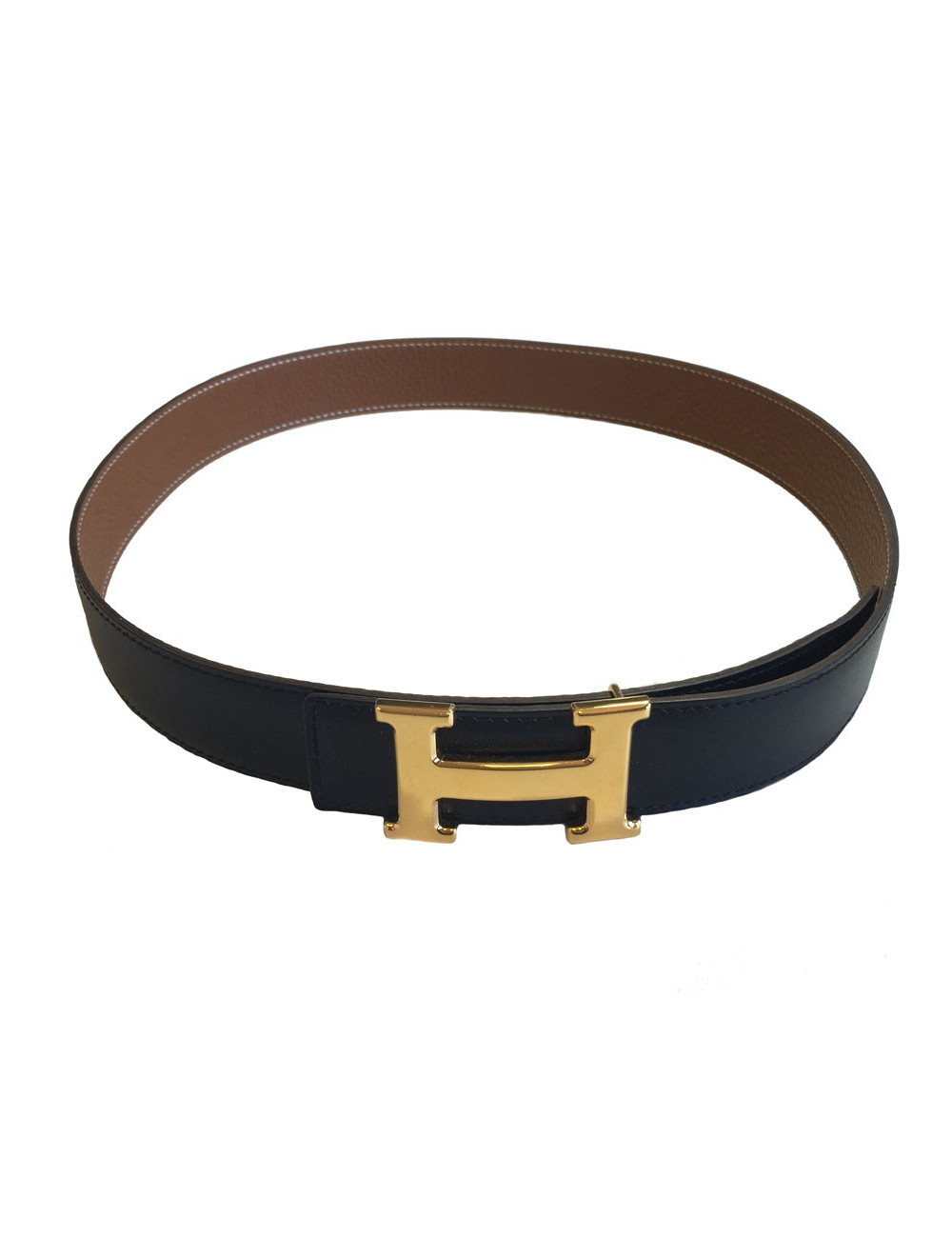 Ceinture HERMES T 85 réversible en cuir box noir et cuir togo gold