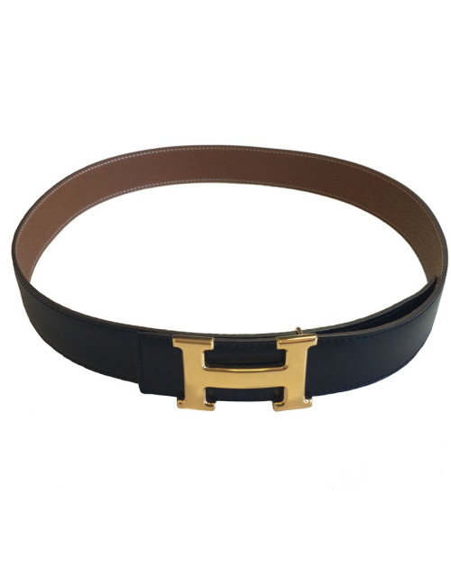 Ceinture HERMES T 85 réversible en cuir box noir et cuir togo gold