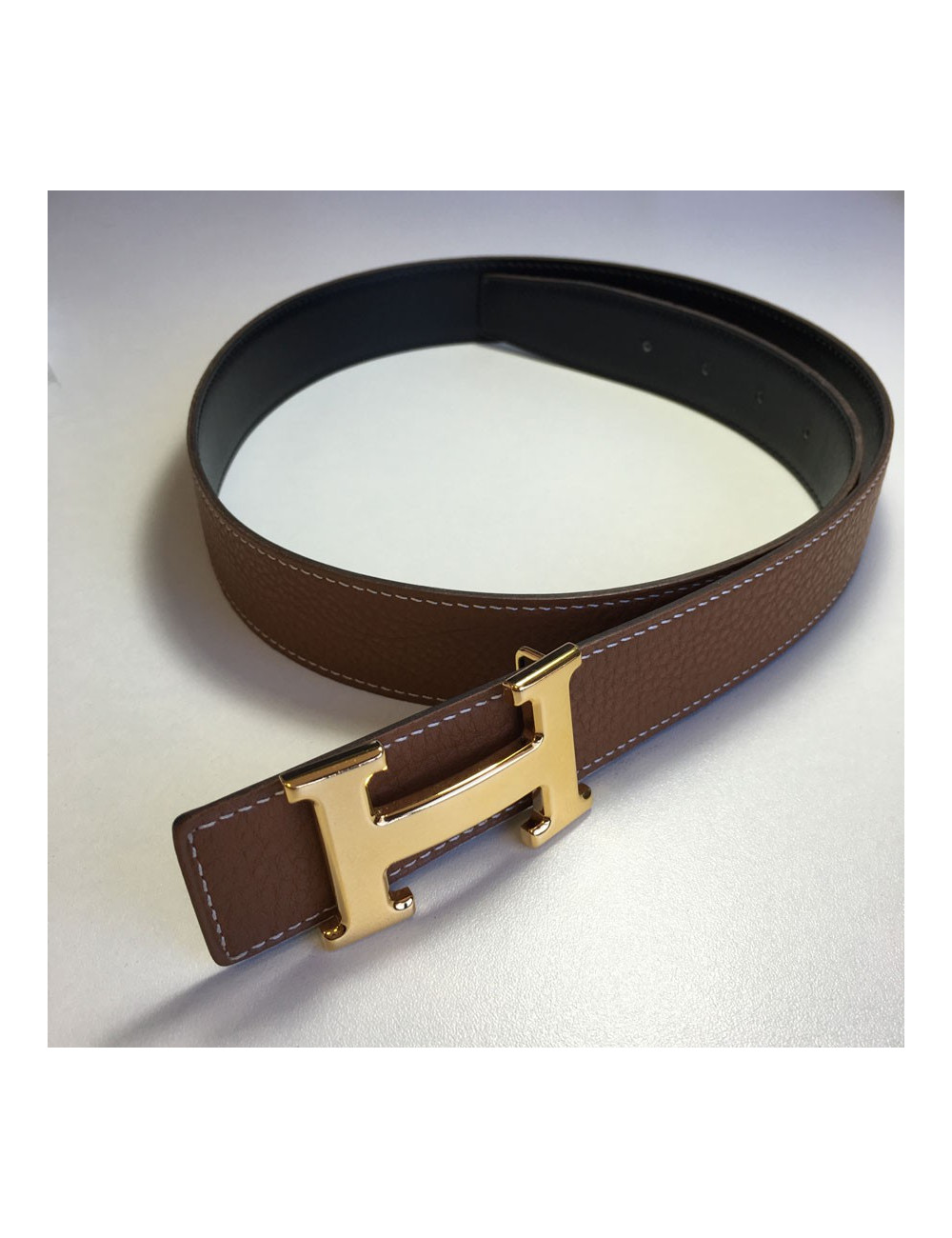 Ceinture HERMES T 85 réversible en cuir box noir et cuir togo gold