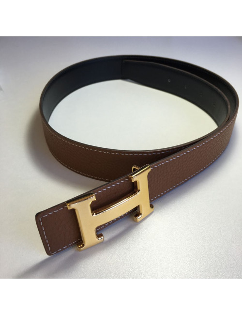 Ceinture HERMES T 85 réversible en cuir box noir et cuir togo gold
