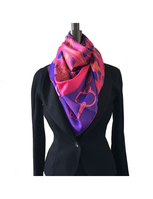 HERMES "Folklore" shawl in mulitcolored silk twill
