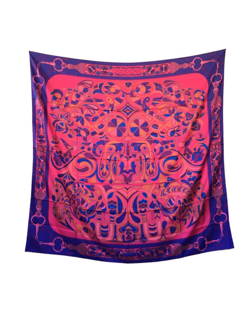 HERMES "Folklore" shawl in mulitcolored silk twill