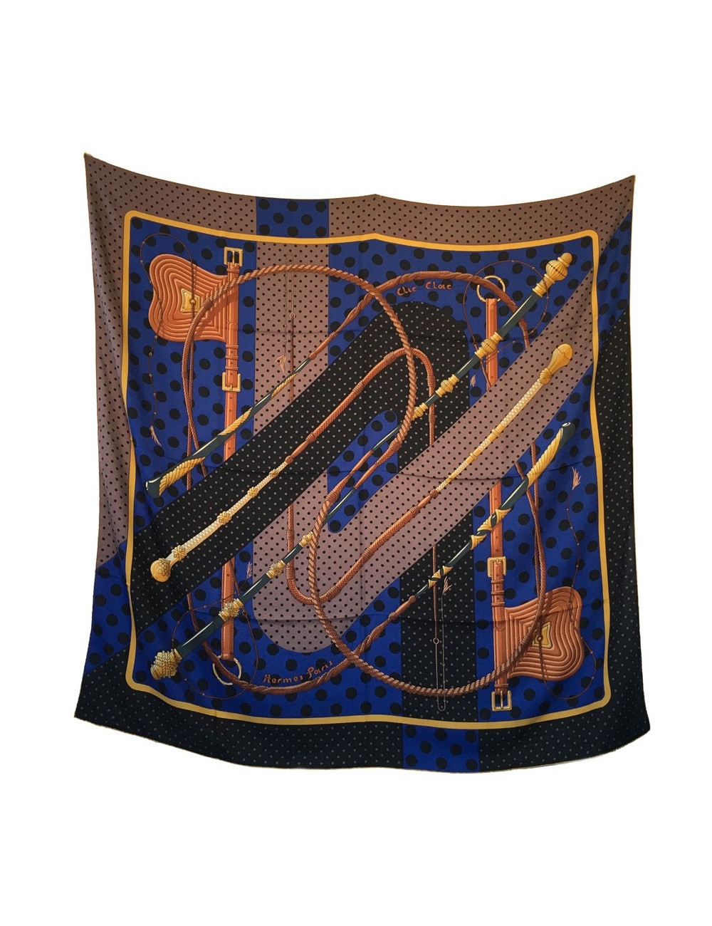 HERMES  "Clic Clac à pois" shawl in black, brown and indigo xashmere and silk
