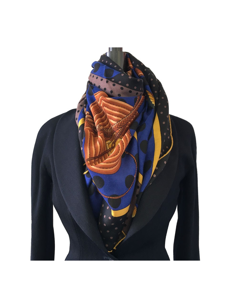 HERMES  "Clic Clac à pois" shawl in black, brown and indigo xashmere and silk