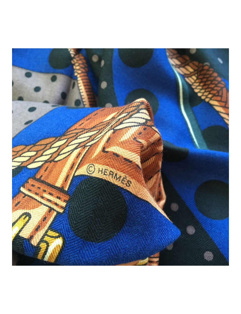 HERMES  "Clic Clac à pois" shawl in black, brown and indigo xashmere and silk