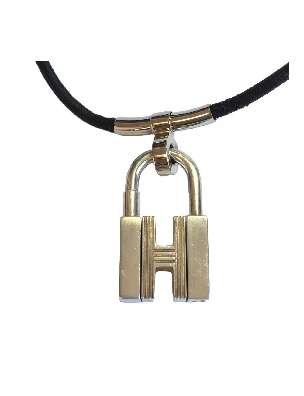 HERMES black leather link and padlock silver necklace