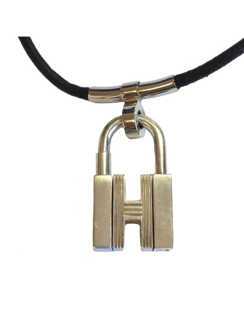HERMES black leather link and padlock silver necklace