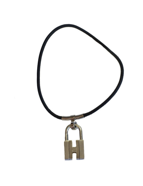 Collier HERMES lien en cuir noir et cadenas en argent