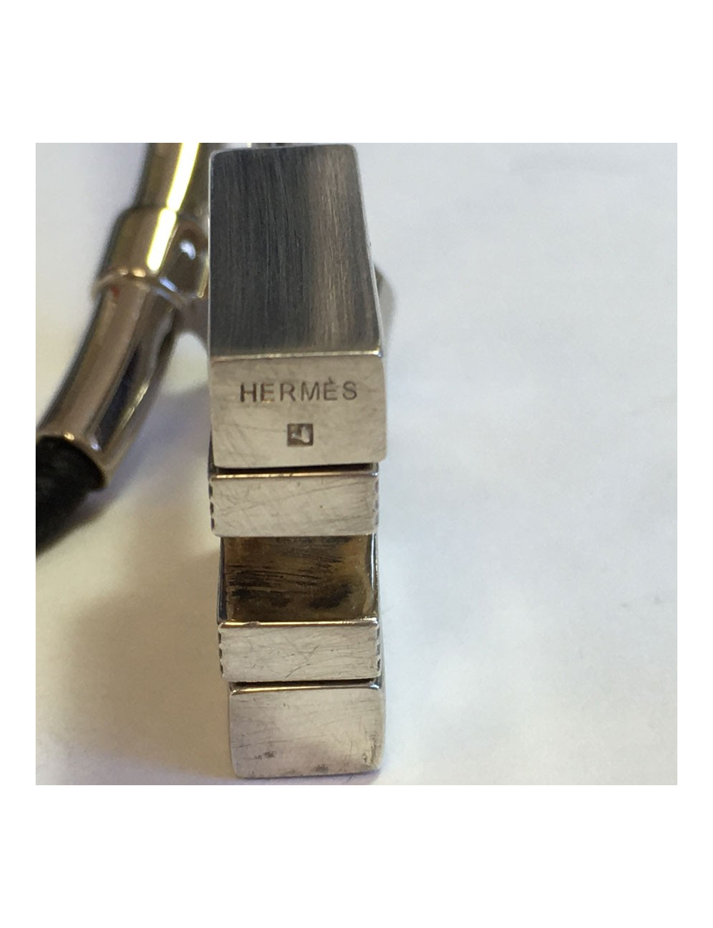 HERMES black leather link and padlock silver necklace