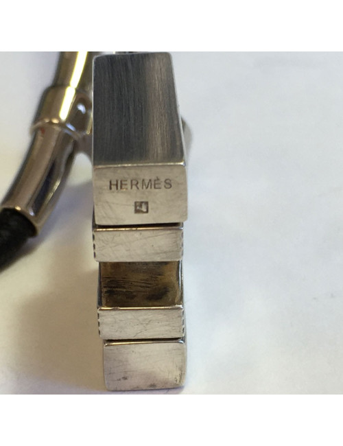 HERMES black leather link and padlock silver necklace