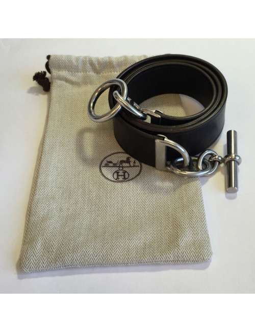 Ceinture HERMES en cuir lisse chocolat et fermoir en T argenté