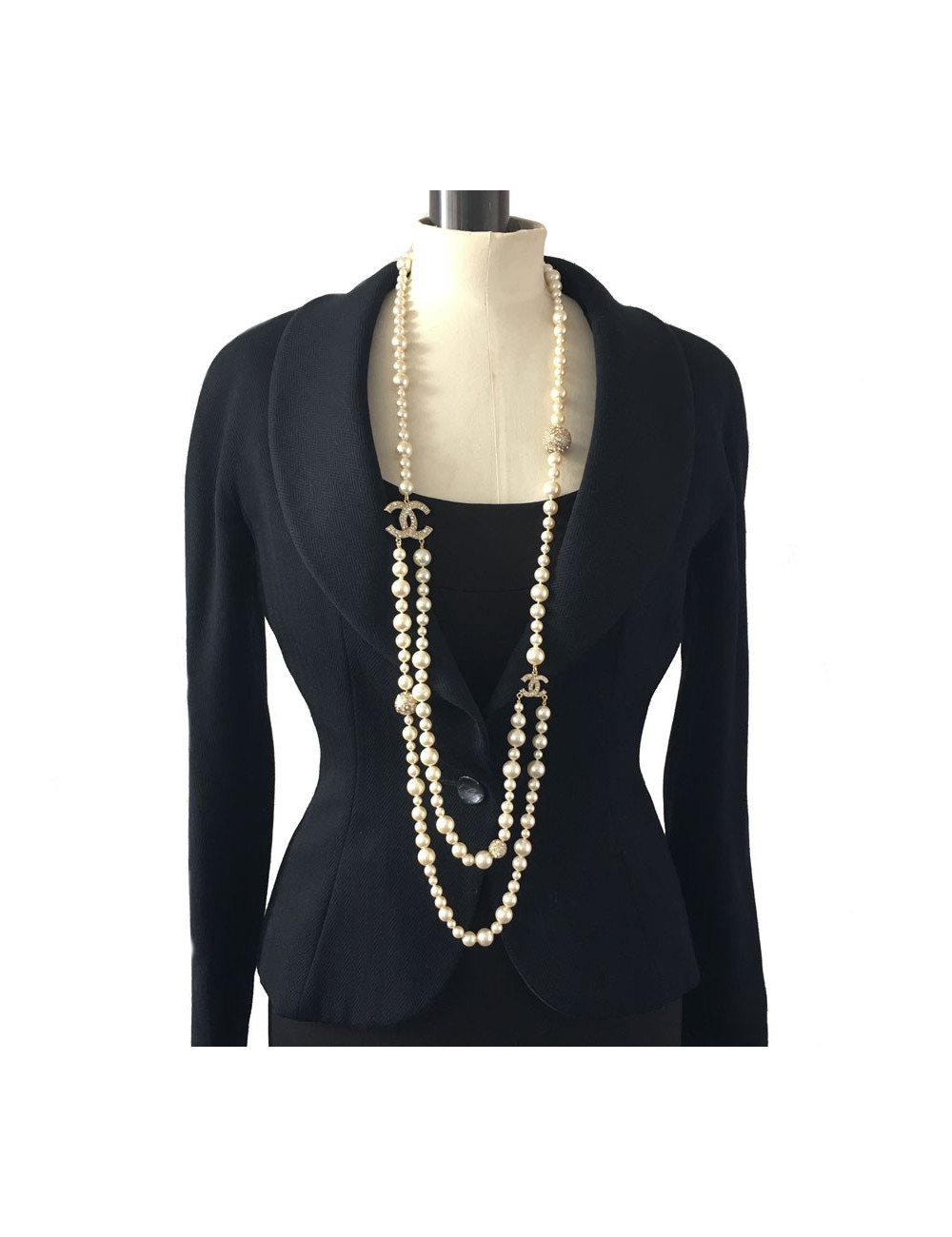 Sautoir CHANEL double en perles et strass