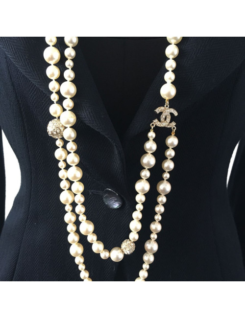 Sautoir CHANEL double en perles et strass
