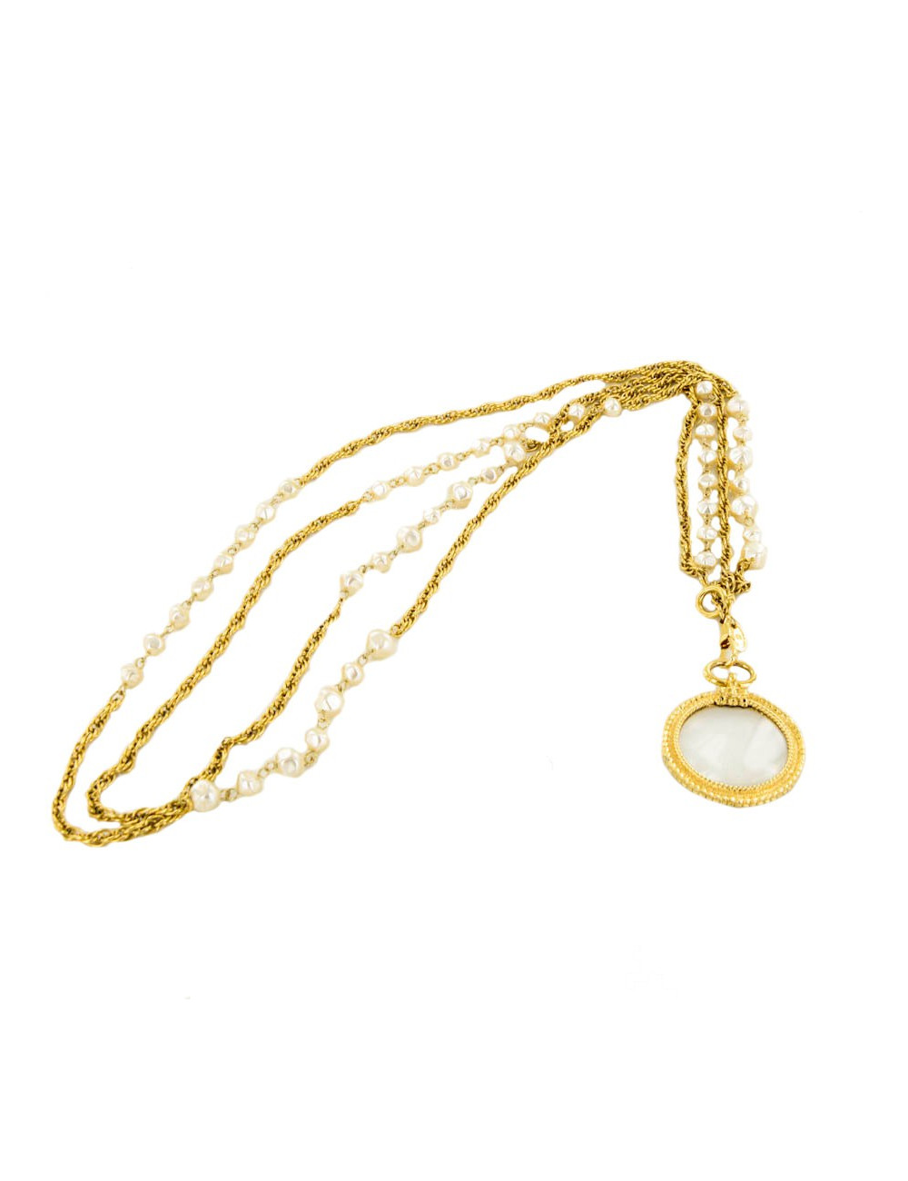 Sautoir double CHANEL chaines et perles et loupe Vintage