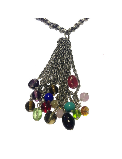 Collier Marguerite de Valois chaîne argent vieilli, pendentif en pâte de verre