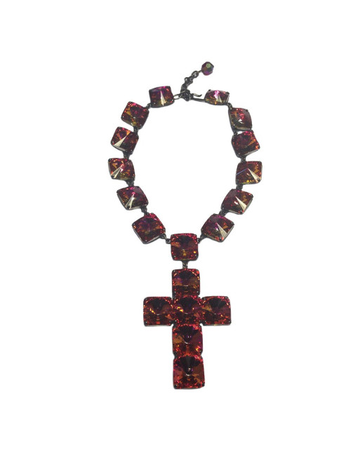 Collier croix anonyme en strass rose
