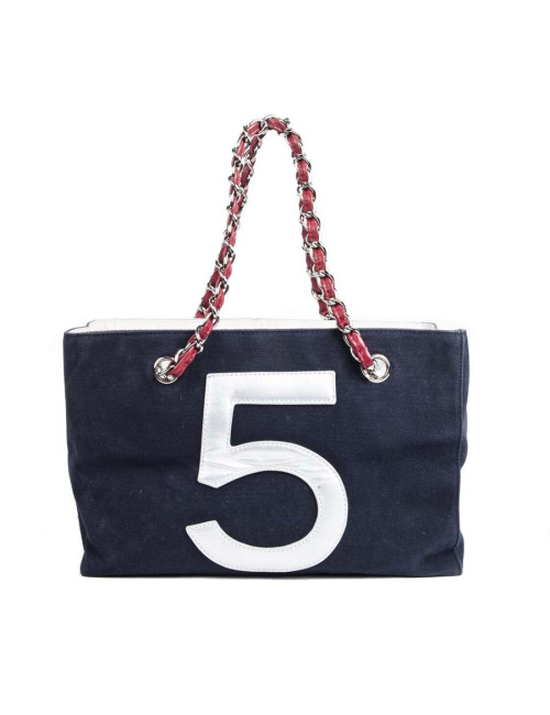 CHANEL bag '5' in navy blue canvas and quilted silver leather