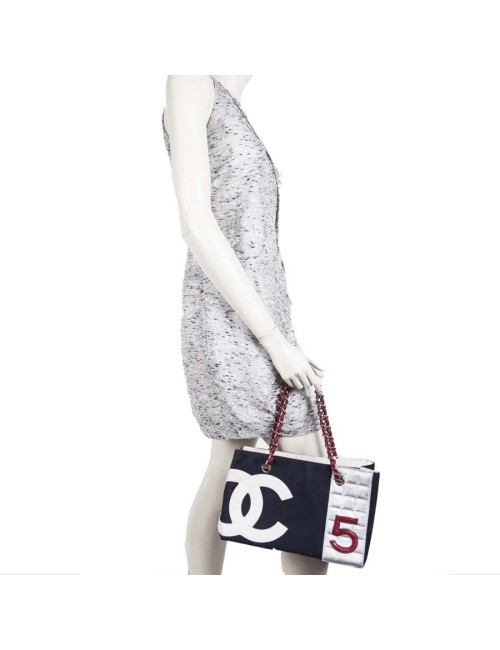 CHANEL bag '5' in navy blue canvas and quilted silver leather