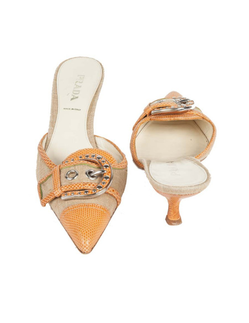 Mules PRADA T 39.5 toile et serpent