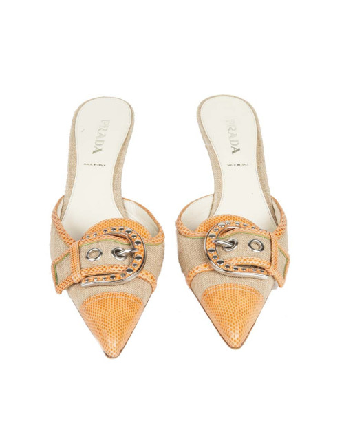 Mules PRADA T 39.5 toile et serpent