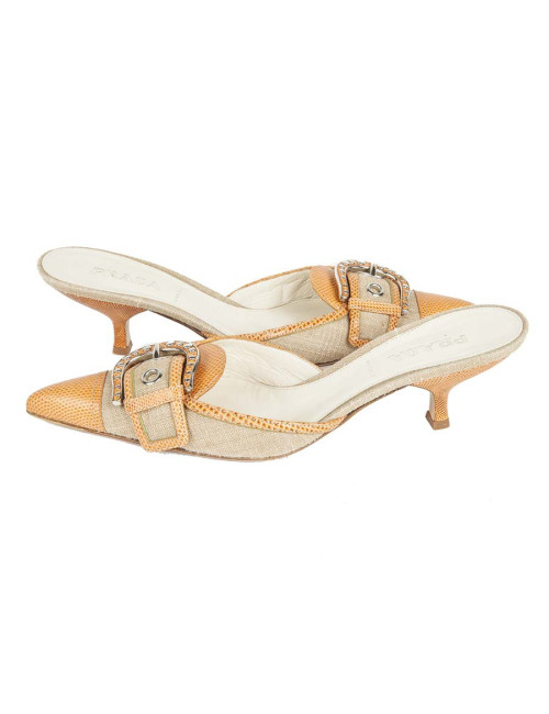 Mules PRADA T 39.5 toile et serpent