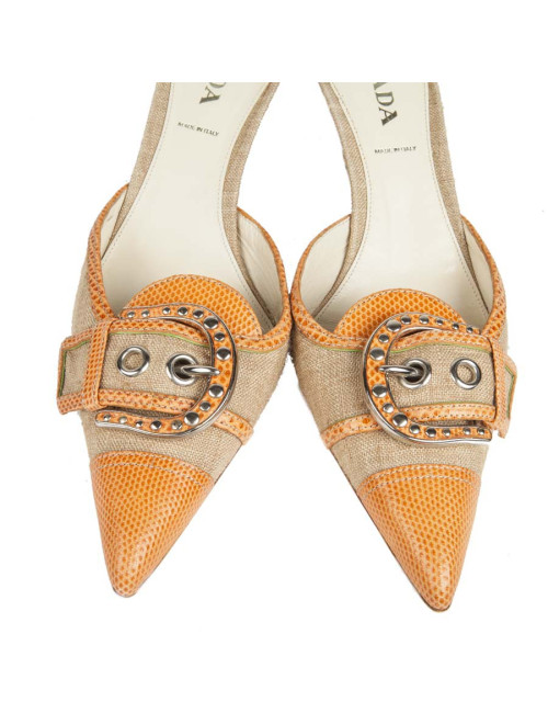 Mules PRADA T 39.5 toile et serpent