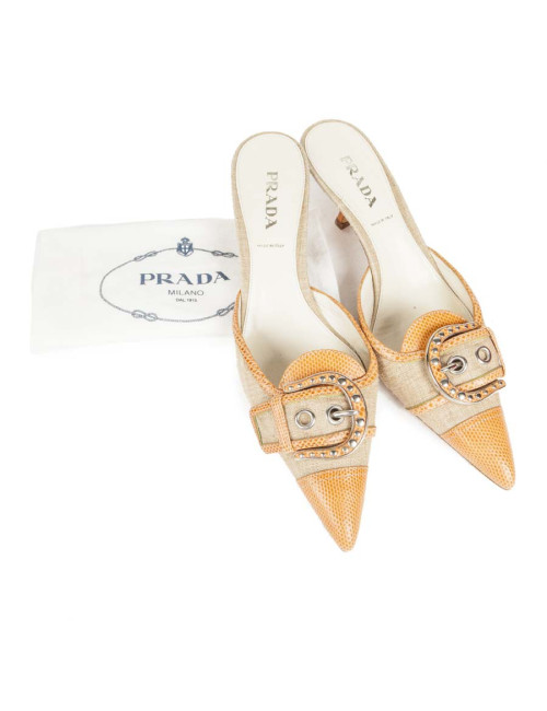 Mules PRADA T 39.5 toile et serpent