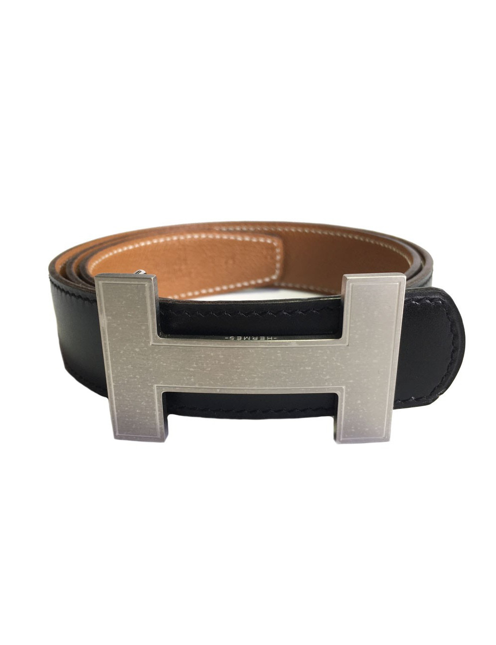 Ceinture HERMES T 75 réversible en cuir box noir et cuir grainé gold