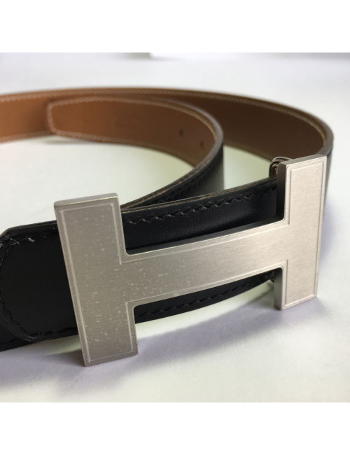 Ceinture HERMES T 75 réversible en cuir box noir et cuir grainé gold