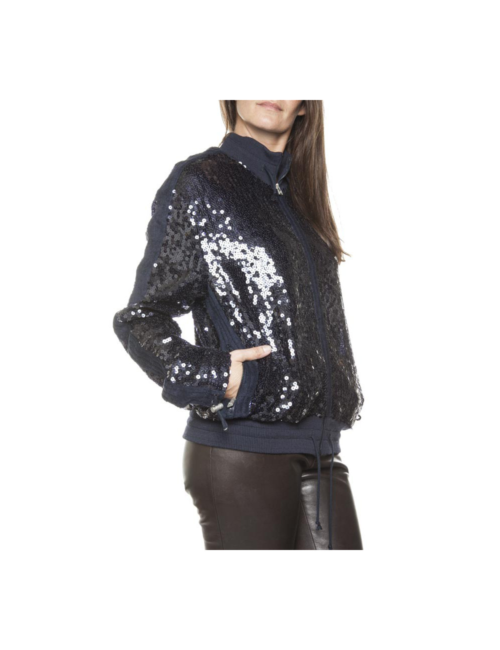 Blouson CHANEL T 50 sequins bleu marine