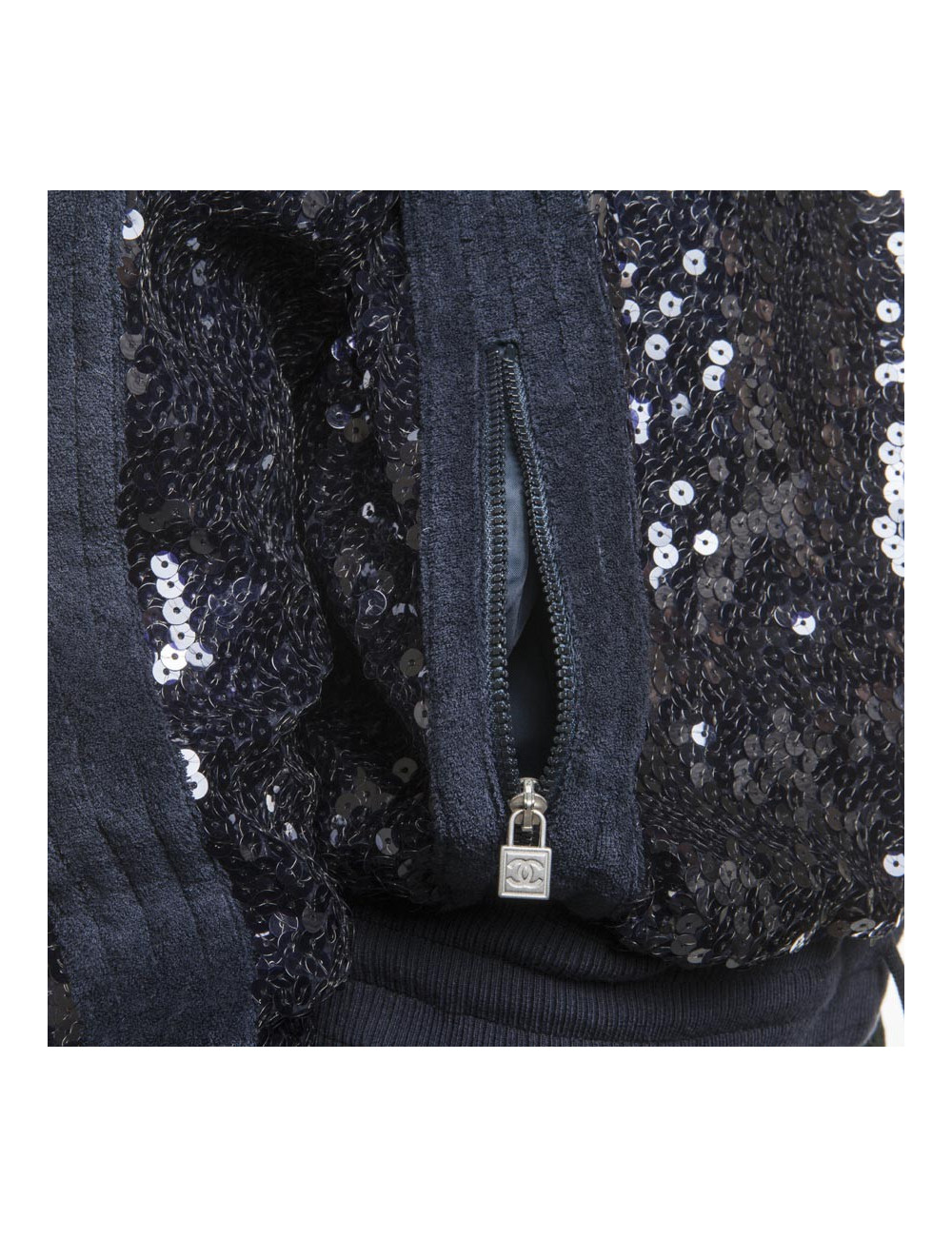 Blouson CHANEL T 50 sequins bleu marine