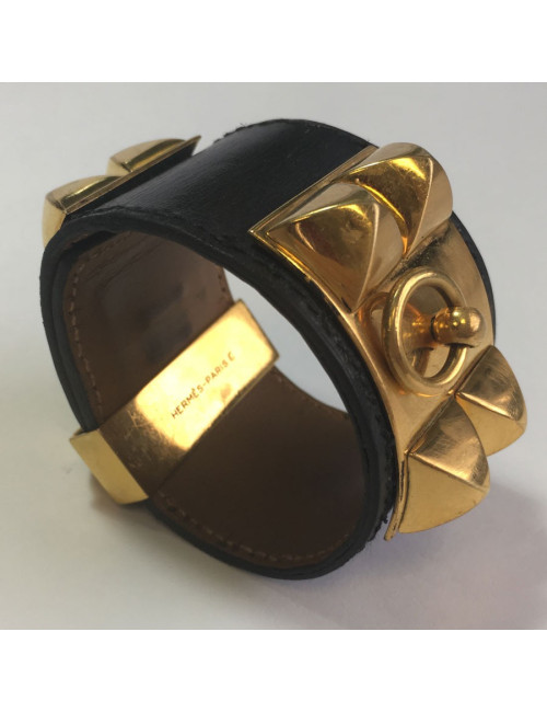 Manchette HERMES Médor en cuir noir 