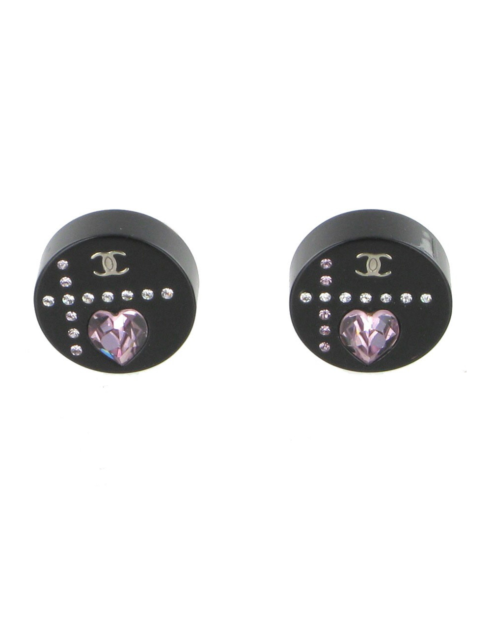Clips of ears CHANEL in black resin set with white and pink rhinestones