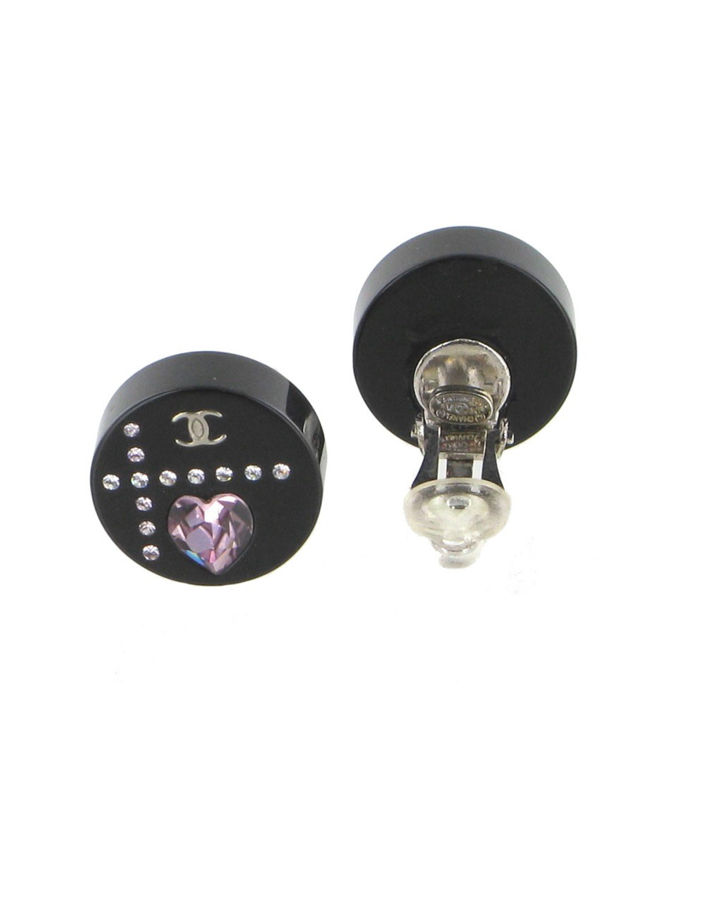 Clips of ears CHANEL in black resin set with white and pink rhinestones