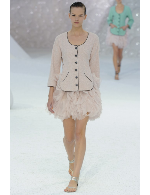 Ensemble CHANEL T 38 tweed rose et jupe en voile de soie