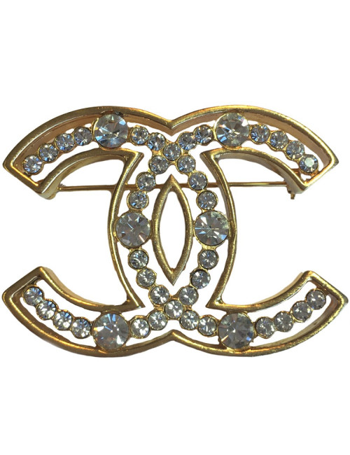 Broche CHANEL en métal doré et strass