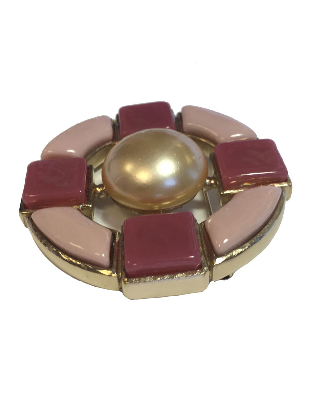 CHANEL round brooch in gilded metal and pink molten glass
