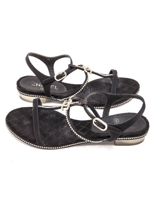 CHANEL rhinestone T 40 C/en black satin mules