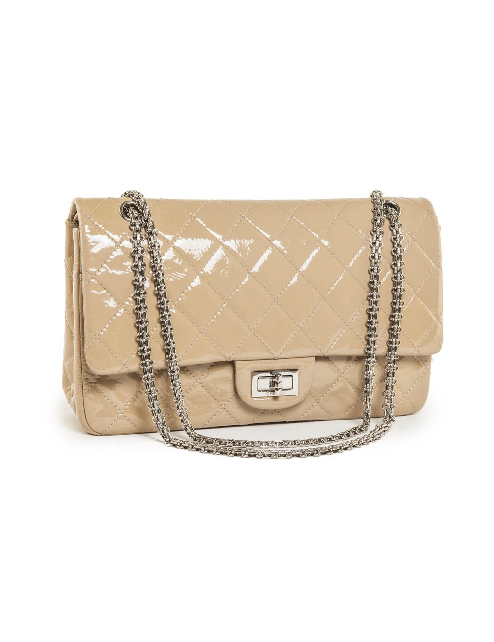 Sac 2.55 CHANEL cuir verni beige bijouterie argent